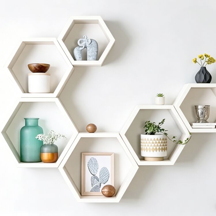 Display Wooden Hexagon Wall Mounted Floating Shelf Furniture