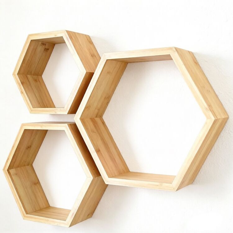 Display Wooden Hexagon Wall Mounted Floating Shelf Furniture