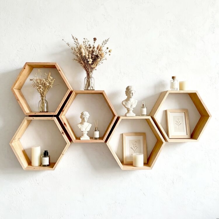 Display Wooden Hexagon Wall Mounted Floating Shelf Furniture