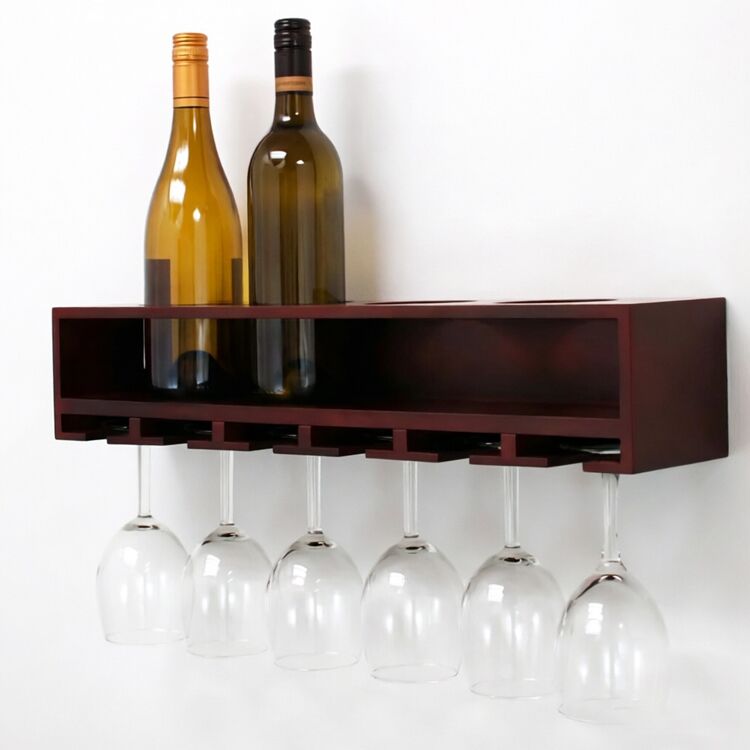 Wooden Wine Bottle and Stemware Wall Shelf