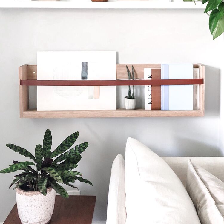 Modern Wall-Mounted Pine Wood Magazine Rack with Leather Straps - Customizable Rustic Storage Shelf