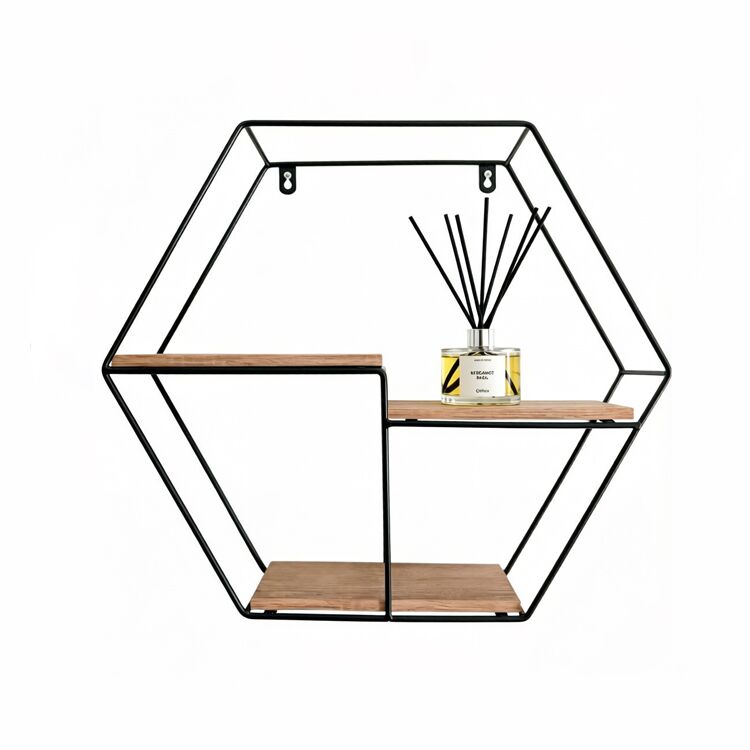 Hexagon Wandregal aus Massivholz und Metall – Geometrisches Hängeregal – Bild 4