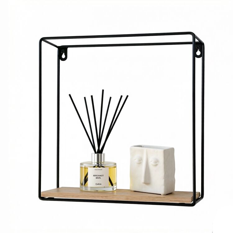 Square Metal and Wood Floating Shadow Box Wall Shelf
