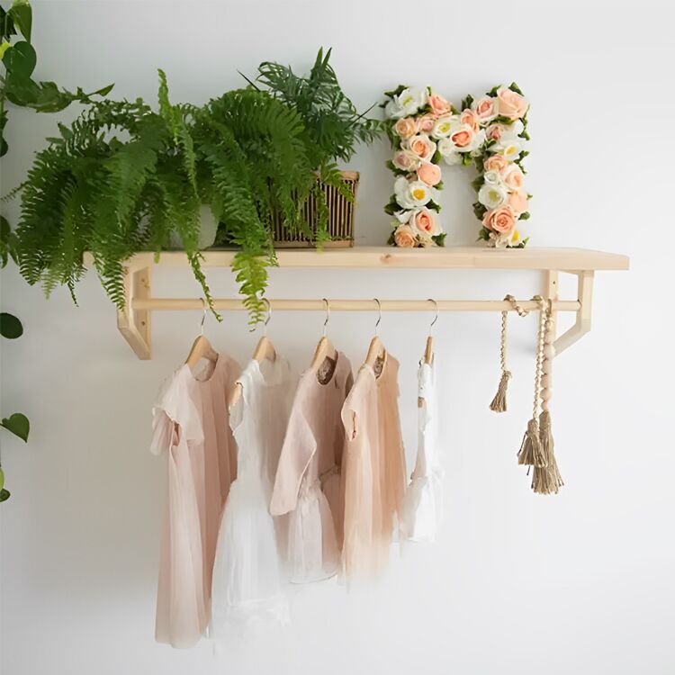 Wall-Mounted Floating Wooden Shelf with Hanging Rod for Nursery and Laundry