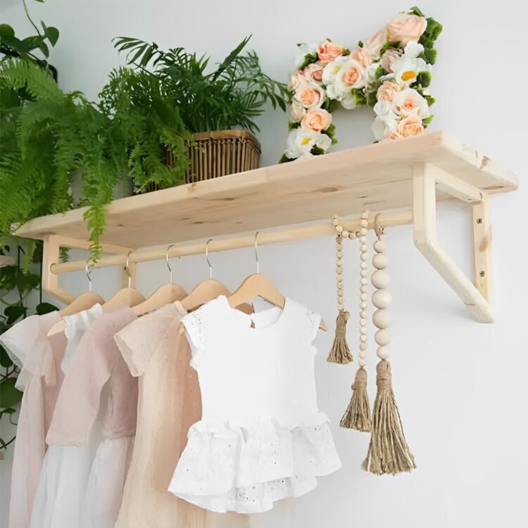 Wall-Mounted Floating Wooden Shelf with Hanging Rod for Nursery and Laundry