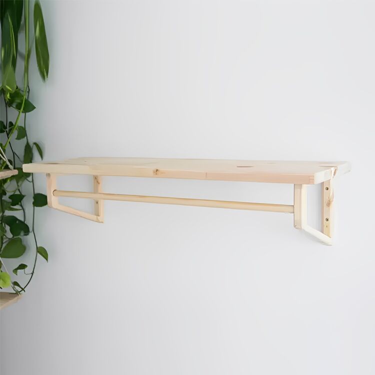 Wall-Mounted Floating Wooden Shelf with Hanging Rod for Nursery and Laundry