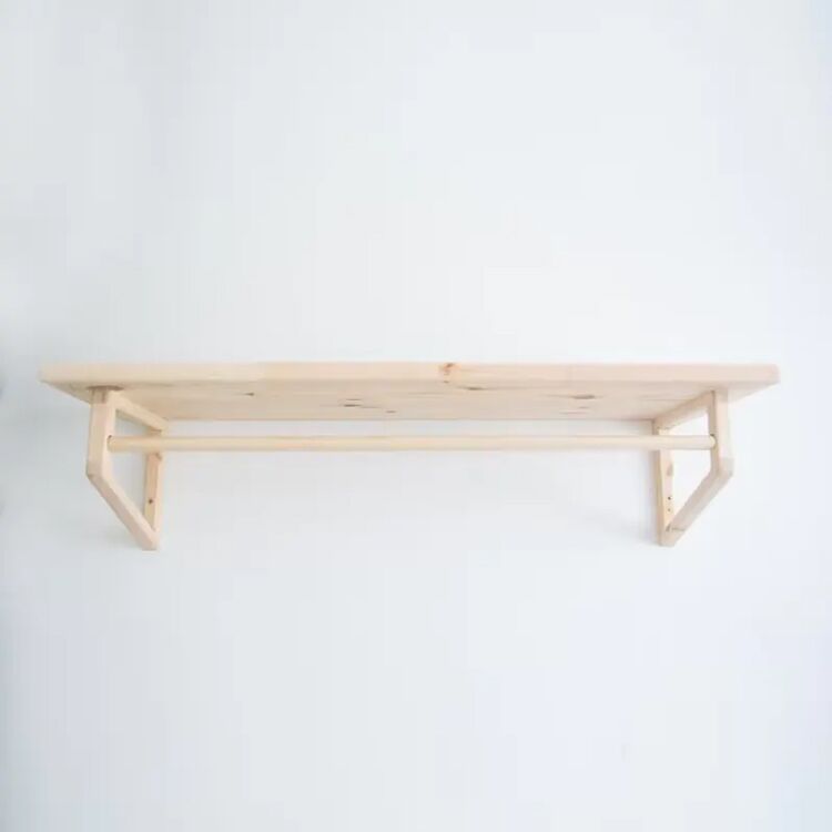 Wall-Mounted Floating Wooden Shelf with Hanging Rod for Nursery and Laundry