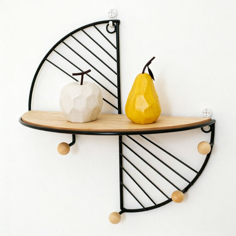 Geometric Half-Round Wall Shelf with Wooden Coat Hooks