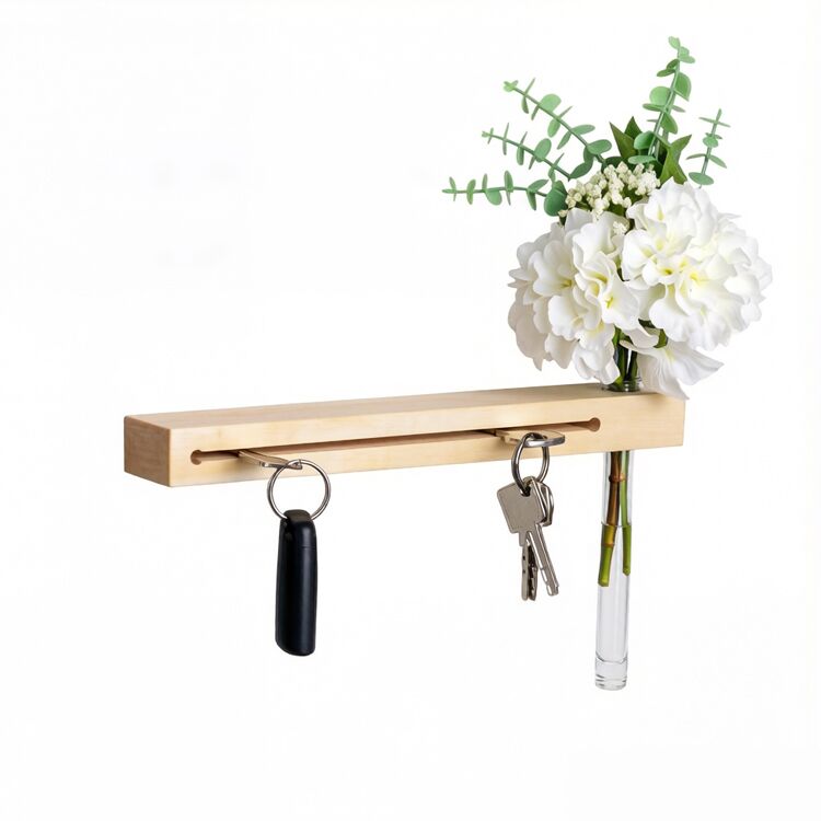 Wooden Wall-Mounted Key Holder with Flower Vase