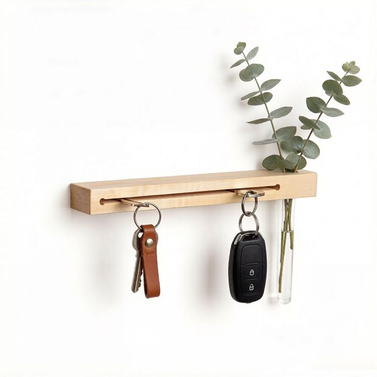 Wooden Wall-Mounted Key Holder with Flower Vase (1)