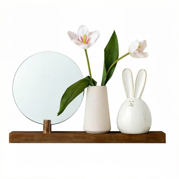Minimalist Round Wall Mirror with Integrated Solid Wood Shelf