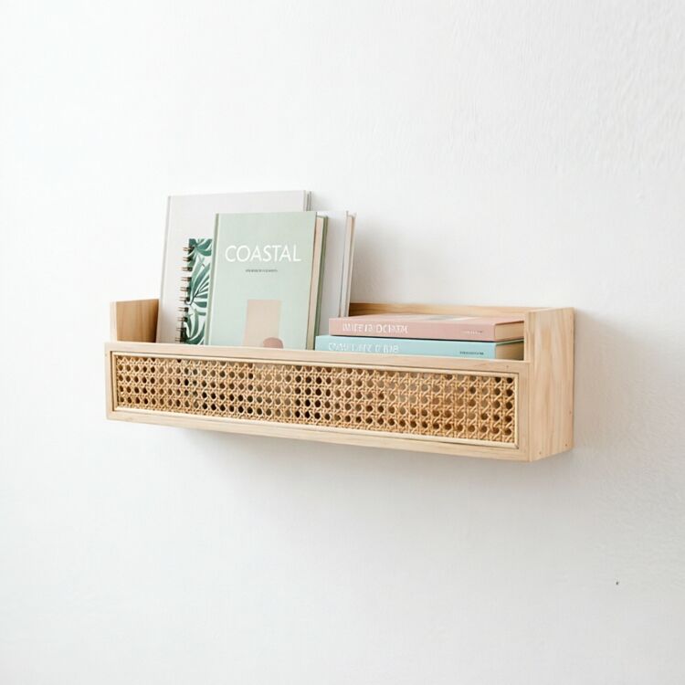 Natural Pine Wood & Woven Rattan Floating Wall Shelf