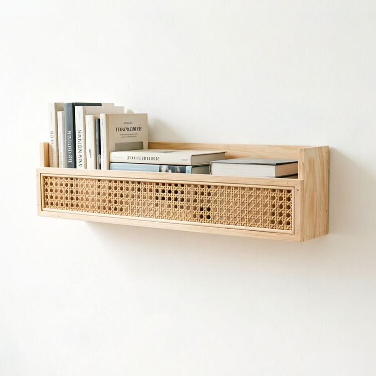 Natural Pine Wood & Woven Rattan Floating Wall Shelf