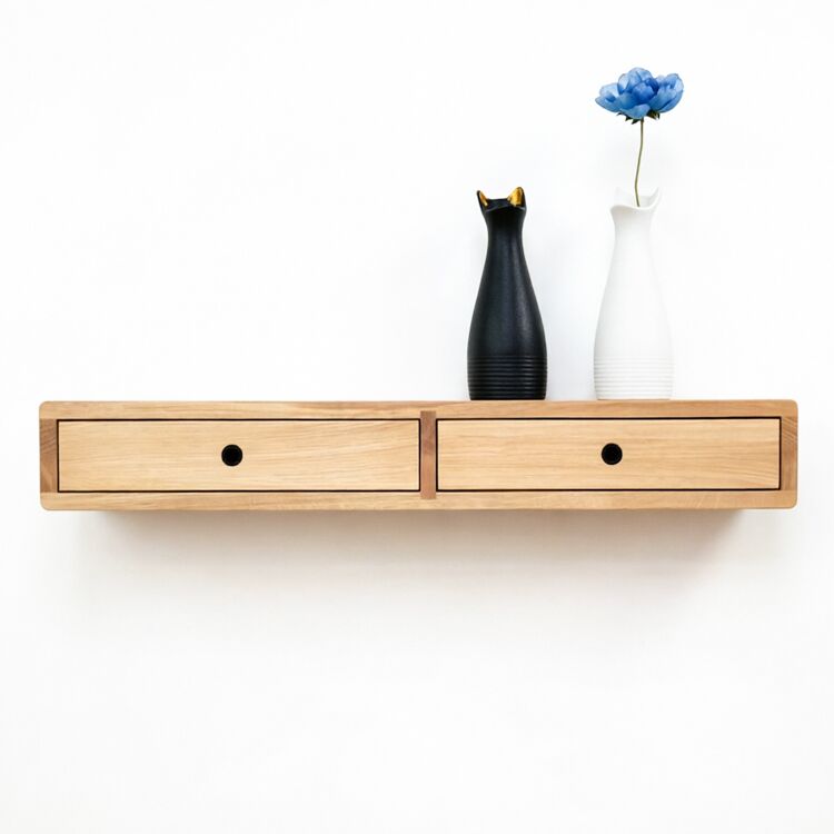 Solid Oak Wall-Mounted Floating Console Table with Drawers
