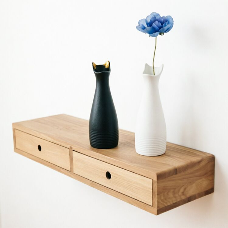 Solid Wood Floating Console Desk with Dual Drawers